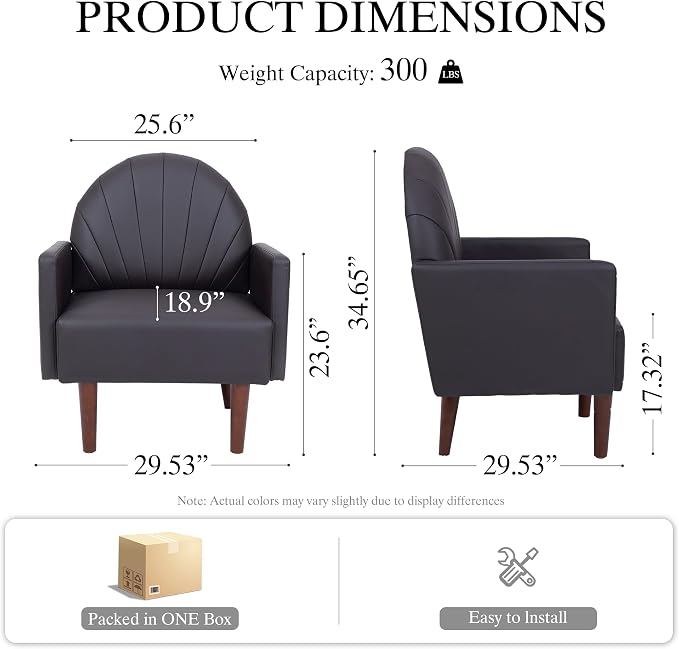 Mid-Century Accent Chair, Faux Leather Armchair - Shell-Shaped Back Waterproof PU Leather Modern Retro Lounge Chair for Living Room, Office, Bedroom & Waiting Room