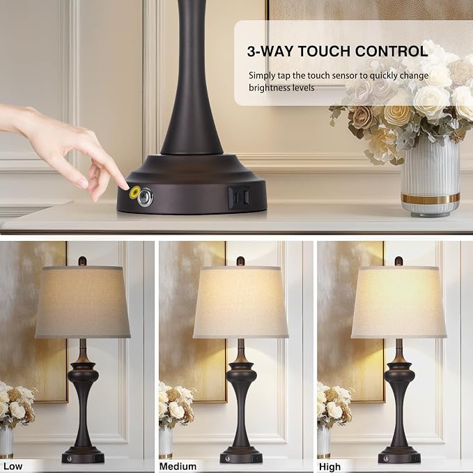 Rinweey 30" Brown Table Lamps for Bedroom, 3-Way Touch Control Bedside Lamps Set of 2, Tall Lamp for Living Room with USB A+C Ports, Elegant Coffee Night Stand Lamp for End Table, 2 Bulbs Included