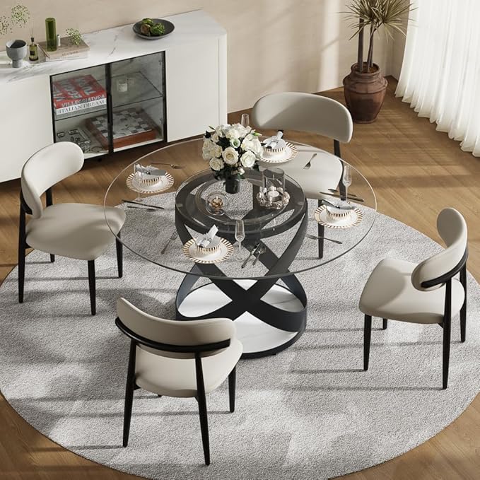 POVISON 51" Modern Round Dining Table with Lazy Susan, Glass Round Kitchen Table for 4, Tempered Glass Dining Room Table top with Black X Carbon Steel Base (Dining Table Only)