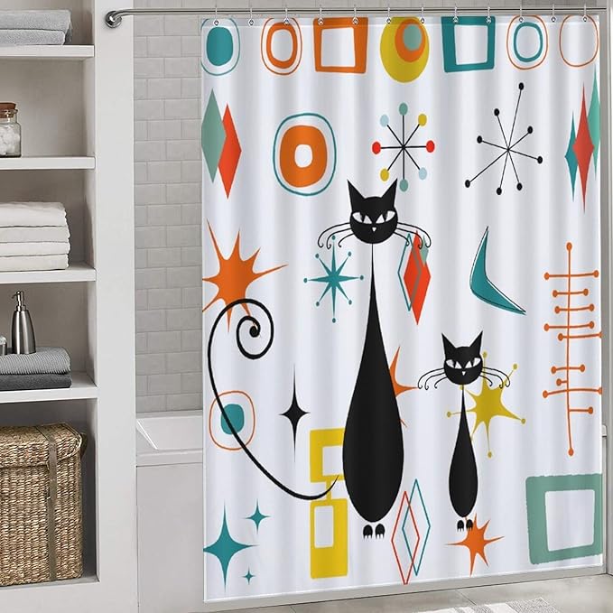 Mid Century Shower Curtain for Bathroom, Rustic Modern Abstract Geometric Black Cat Atomic Teal Orange Kittey Vintage 1950s 1960s Waterproof Fabric Shower Curtain Set with Hooks, 72"x72"