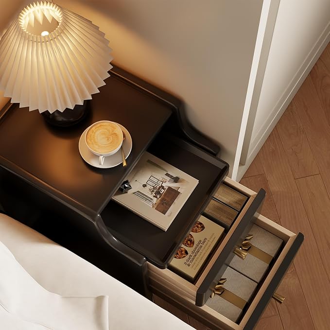 AQIMUELE Wood Nightstand, Black Nightstand with 2 Drawers, Bedside Table for Bedroom