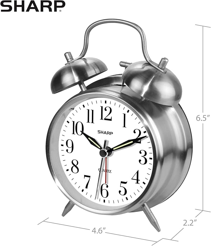 Sharp Twin Bell Alarm Clock - Loud Alarm - Great for Heavy Sleepers - Battery Operated Quartz Analog … (Brushed Silver)