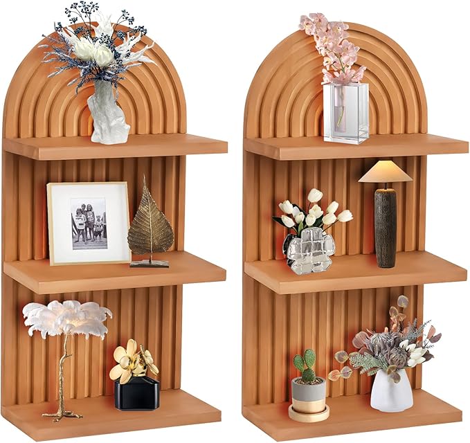 2 PCS Boho Wall Shelf with Screws, Wooden Rainbow Wall Shelves Mid Century Boho Arch Shelf, Boho Decor Shelves for Bathroom, Bedroom, Kitchen Decoraction and Storage (Wood-05)