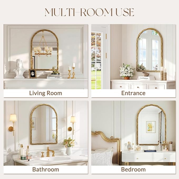 Uniclinens Vintage Arched Mirror Decor - Large Antique Gold Scalloped Mirror Decor with Metal Frame, Wavy Decor Mirror for Nursery,Entryway,Fireplace,Living Room,Hallway,Bathroom,24"X36"