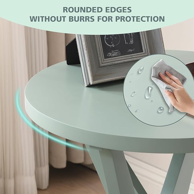 Modern Round End Table Set of 2 with Crossed Legs, Unique Small Green Side Table, Outdoor Accent Table, Easy Assembly Bedside Table for Living Room, Balcony, Small Spaces