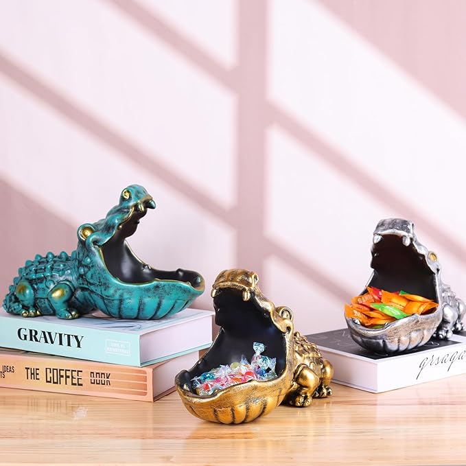 Alligator Statue Key Bowl, Fun Animal Statue Candy Dish for Entryway Decorative Bowl, Office Candy Dish, Big Mouth Sculpture Home Living Room Trinket Container Storage Box (Gold)