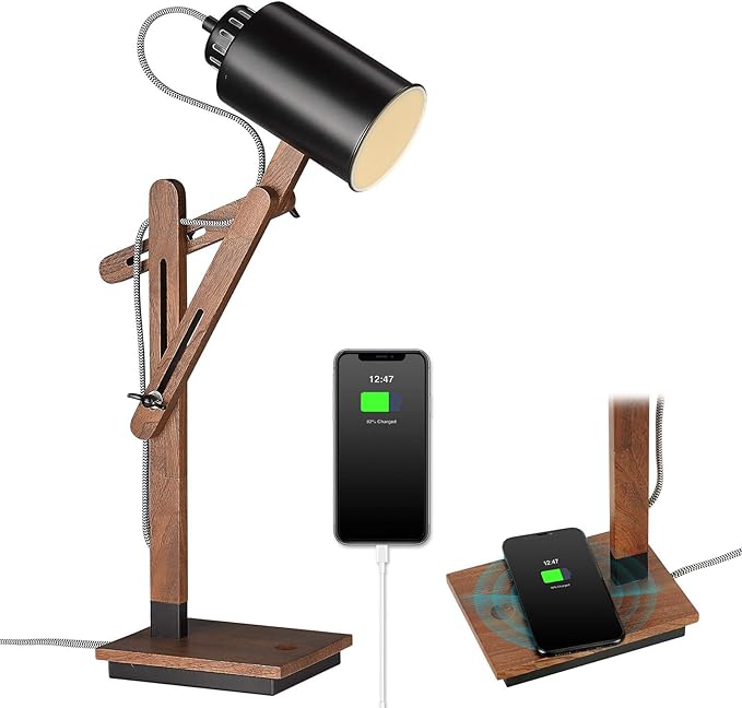 ELYONA Touch Control Sapele Wood Desk Lamp with Wireless Charging & USB Port, LED Reading Task Light,Adjustable, Swing Arm Table Lamp for Bedroom, Study Work, Office, Dorm, Bulb Included, Black