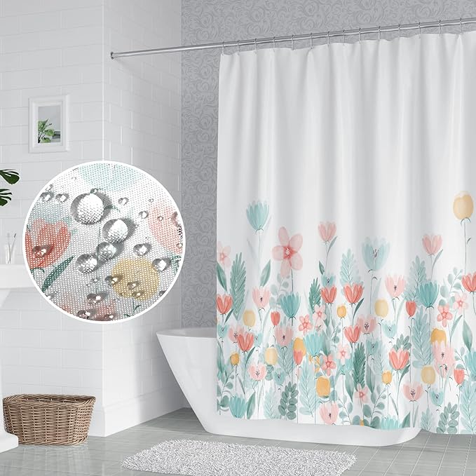 Nature Flower Shower Curtain for Bathroom Blue and Pink Floral Wild Grass Botanical Shower Curtain Modern Aesthetics Washable Polyester Durable Fabric Shower Curtain with Hooks, 72x84 Inch