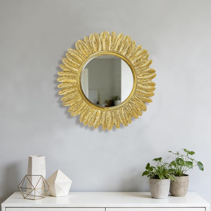 Pack of 1 Gold Round Wall Mirror 12 inch - Small Feather Decorative Wall Mirror,Vintage Sunburst Boho Wall Decor Mirror for Bedroom,Living Room,Entryway,Hallway,Dressing Table