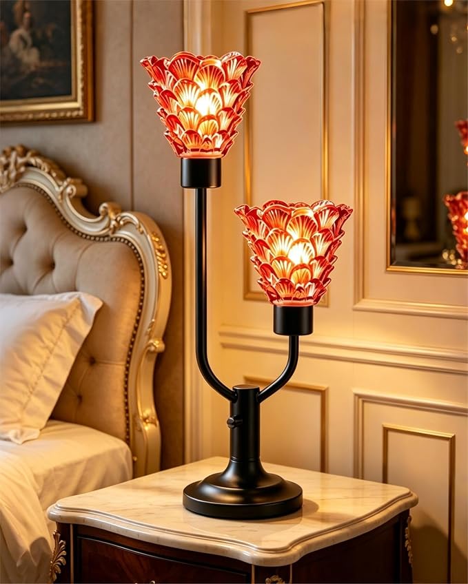 Lightdot Mid Century Modern Table Lamp Dimmable Red Glass Desk Lamp Vintage Black Nightstand Lamp 2 Bulbs Included Warmwhite Ambient Bedside Lamps for Living Room Bedroom Girls Room Home Office Decor