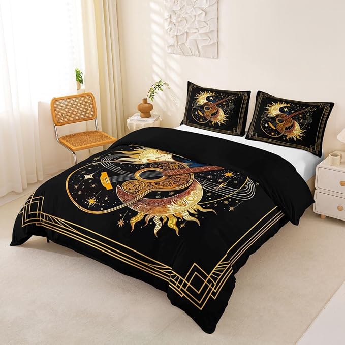 Erosebridal Boho Guitar Bedding Set Queen for Adults - Luxury Bohemia Sun Moon Duvet Cover Mystical Celestial Star Sky Comforter Cover,Romantic Music Guitar Bed Set