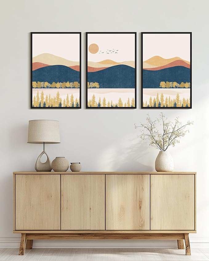 KUVIOKE Bohemain Mountain Landscape Framed Canvas Wall Art Watercolor Nature Artwork Painting Boho Farmhouse Rustic Room Decor for Bedroom Living Room 24x36in (Black Framed)