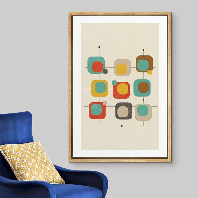 Woodrose Framed Canvas Print Wall Art Geometric 1960s Color Square Collage Abstract Shapes Illustrations Modern Minimalist Chic Multicolor for Living Room, Bedroom, Office - 24"x36" Natural