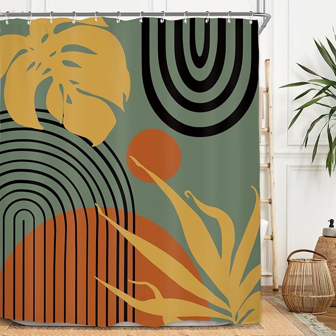 Miyotaa Abstract Mid Century Minimalist Shower Curtain Set 60Wx71H Inches Modern Aesthetic Leaves Contemporary Neutral Plant Orange Sage Green Waterproof Bathroom Curtain with 12 Hooks