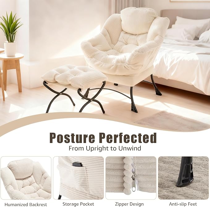 Oversized Lazy Chair with Ottoman for Adults, Chair and Ottoman Set Modern Skinny Lounge Chair with Footrest, Wide Reading Chair for Living Room, Comfy Accent Armchair for Small Spaces, White