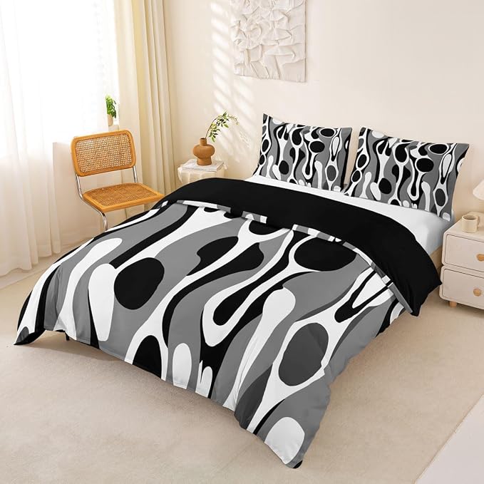 Erosebridal Organic Geometric Duvet Cover Set Modern Abstract Twin Bedding Sets for Girls Youth Boys Retro Mid Century Comforter Cover Modern Fluid Art Irregular Circles Bed Set,Gray Black