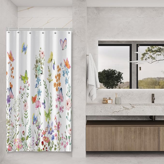 Spring Floral Butterfly Shower Curtain Summer Colorful Wildflowers Botanical Shower Curtain for Rustic Vintage Bathroom Decor Easter Shower Curtain Set 54x72 Inches