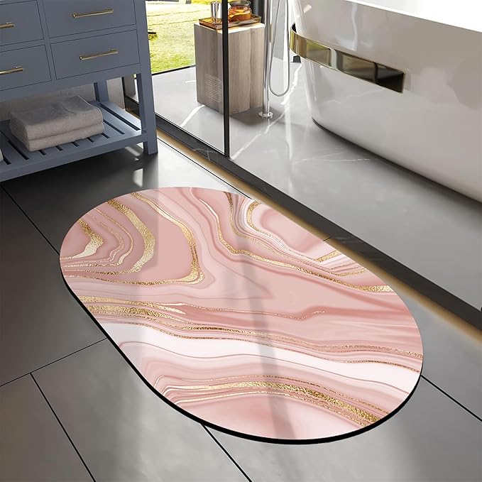 Bathroom Rug Mat Abstract Pink Golden Marble Oval Bath Mat Doormat Absorbent Quick Dry Non Slip Diatom Mud Mat for Shower Tub Sink Laundry Kitchen Doorway 23.6x15.7 Inches