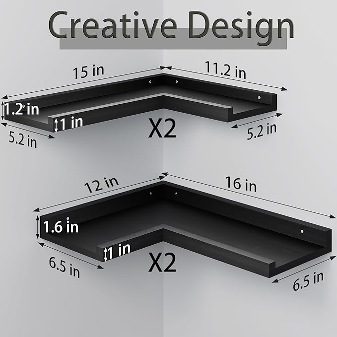 4-Tier L-Shaped Pine Wood Wall Shelf - Floating Corner Shelves with Lip, Black, Modern, Living Room, Bedroom, Bathroom Storage