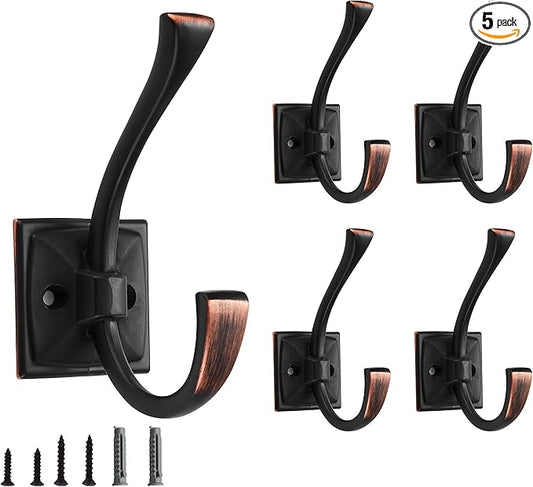 5 Pack Decorative Heavy Duty Towel Hooks for Hanging Robe Double Oil Rubbed Bronze Coat Hooks Wall Mounted with Screws for Key, Towel, Bags, Cup, Hat