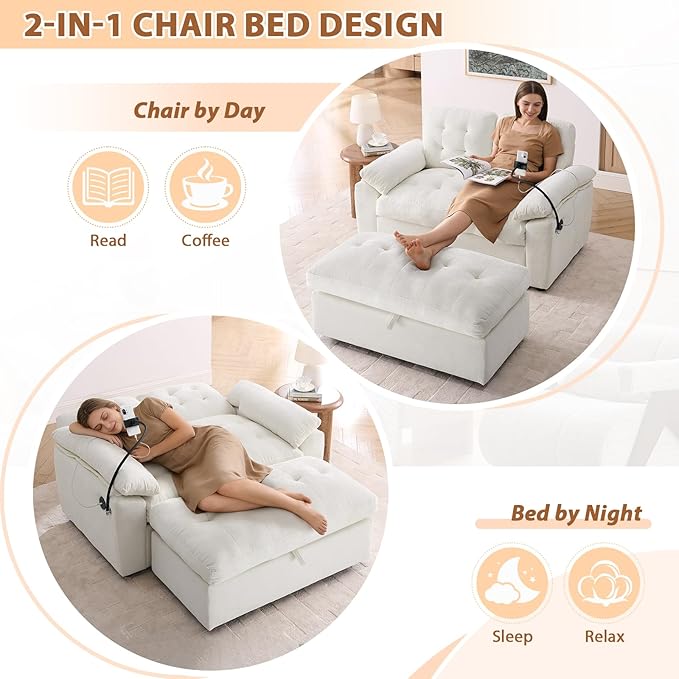 Oversized Chaise Lounge Chair Indoor, Double Convertible Recliner Reading Arm Sofa Chair W/Adjustable Backrest & Charging Port Couch Bed for Living Room, Home Theater & Bedroom, Beige