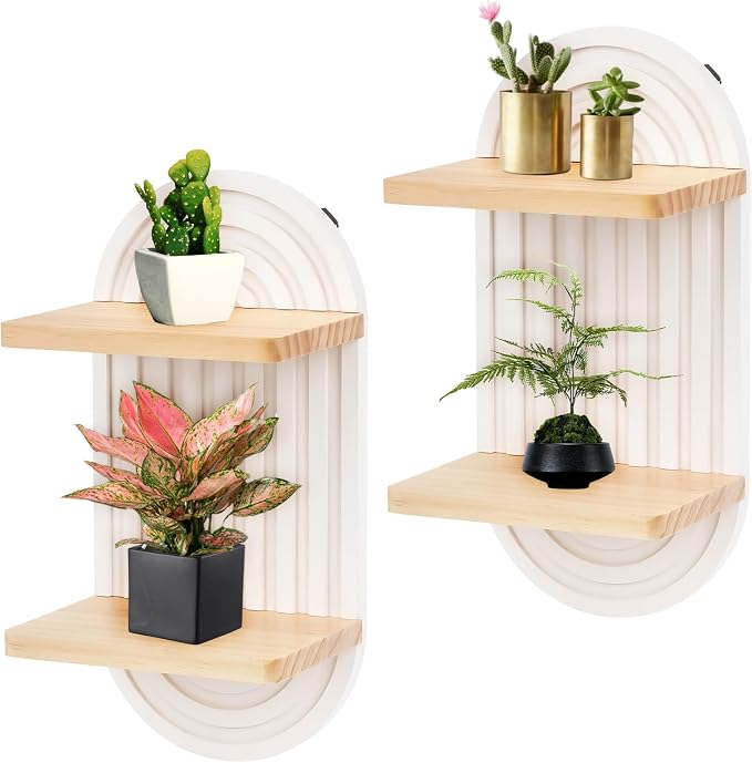 Qivine Boho Wall Shelf 2 Pcs 2 Tier Shelves for Room Wall Wood Floating Shelf with Arched Wood Design Wall Mounted for Living Room, Bedroom, Bathroom Decor (White, 2-Tier)
