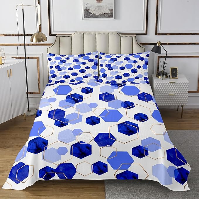 Erosebridal Blue Geometric Coverlet Set | Royal Blue Modern Abstract Kids Quilt Set Geometric Marble Art Bedspread Sets Twin | Watercolor Hexagon Aesthetic Bedding Sets for Men Women