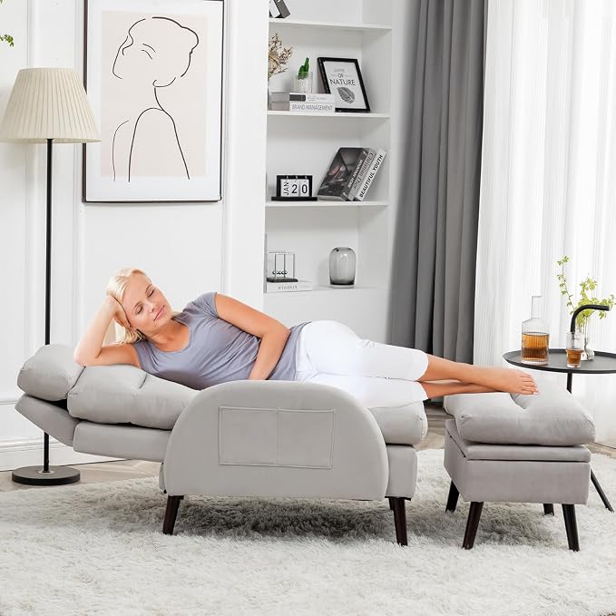 HCHAIRH Accent Chair with Ottoman, Comfy Reading Chair with Ottoman Set, Modern Oversized Velvet Lounge Armchair with Adjustable Backrest for Living Room Bedroom (Grey)