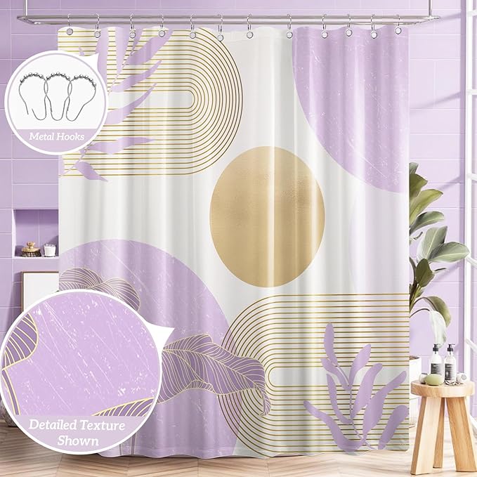 Purple Shower Curtain Lavender Light Purple and Gold Shower Curtains for Bathroom Decor MCM Bath Curtain Set, Waterproof Fabric with Hooks 70 x 72 Inch