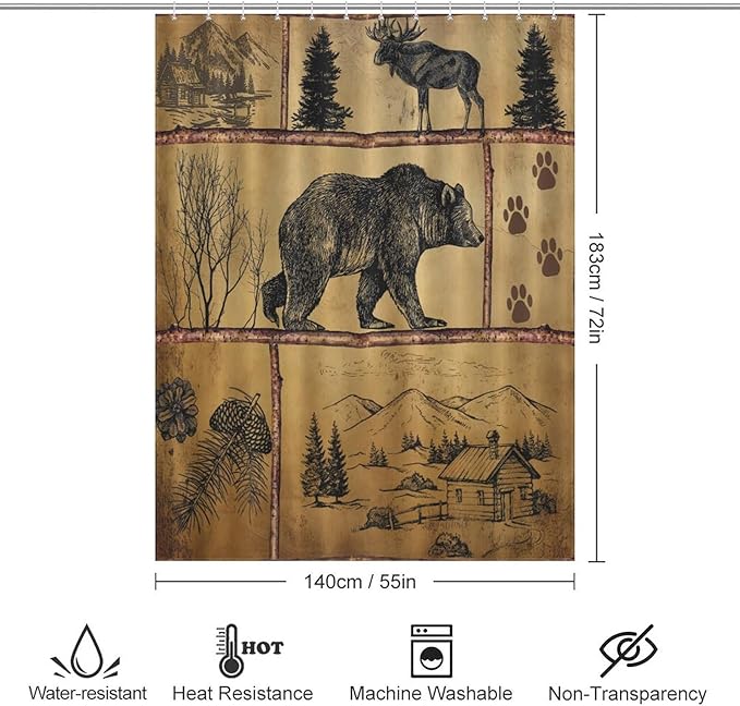 Rustic Cabin Vintage Bear Shower Curtain, Farmhouse Country Antique Bear Moose Forest Vintage Wood Camping Waterproof Shower Curtains for Bathroom Decor 12 Pack Hooks 55x72in（140x183cm）