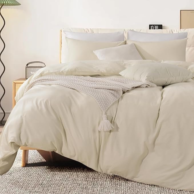 NEXHOME PRO Duvet Cover Set Oversized Queen 98"x98" Linen Feel Textured Cream Grey Organic Natural 100% Washed Cotton Duvet Cover 3 Pieces Bedding Set Zipper Closure, Breathable (No Comforter)