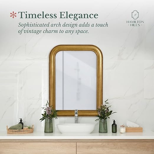 Hamilton Hills 20" x 30" Classic Gold Framed Rich Framed Top Round Corner Mirror - Thick Arched Top Rich Wall Mirror - Vanity for Bathroom Decor, Bedroom, Living Room - Hangs Horizontal or Vertical