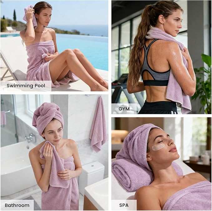 SEMAXE Bath Towel Set, 100% Cotton Absorbent Bathroom Towels with Hanging Loops and Nano-Bio Lifecycle Labels, 8 Piece Towel Set Include 2 Bath Towels, 2 Hand Towels, 4 Washcloths, Purple