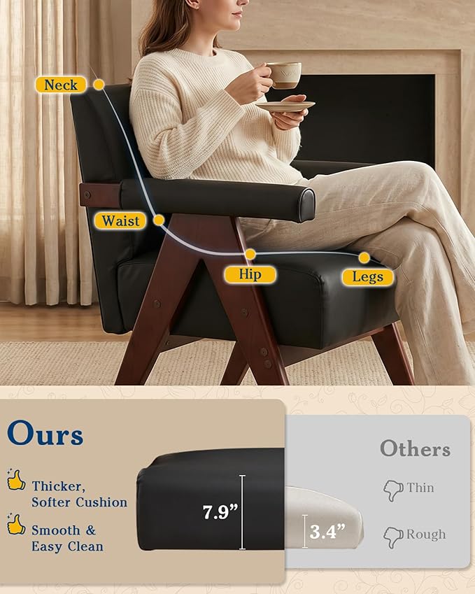 AODAILIHB Mid Century Modern Accent Chairs Set of 2, Solid Wood Frame Black Leather Armchairs, Modern Reading & Living Room Chairs for Office Guest & Waiting Room