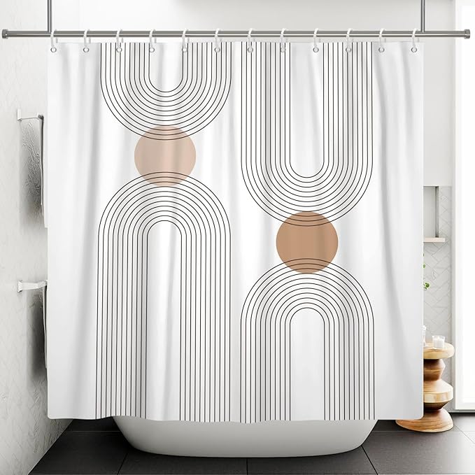 Mid Century Shower Curtain for Bathroom, Boho Sun Rainbow Modern Minimalist Geometric Shower Curtain, Abstract Arch Lines Modern Aesthetic Bathroom Decor Curtain Sets 60x72 inch