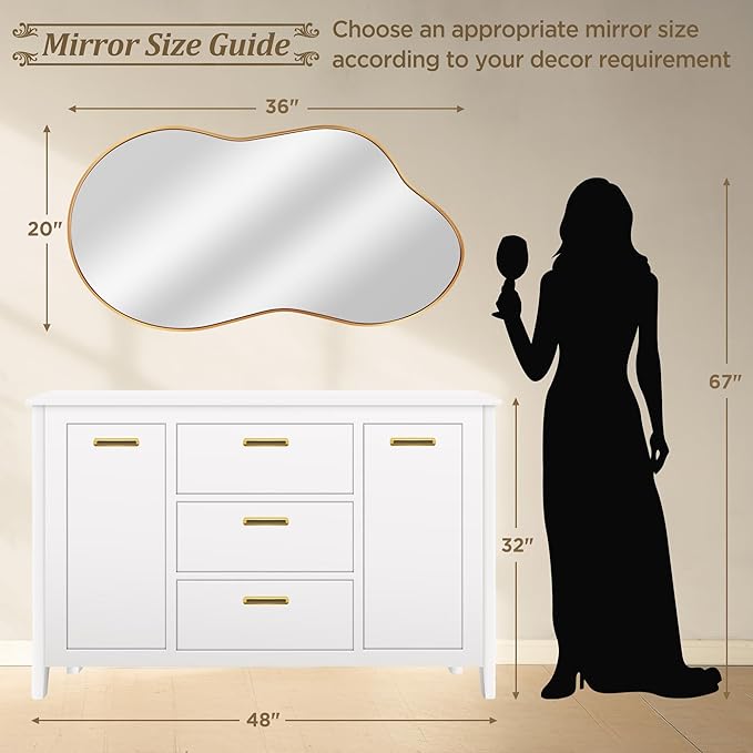 Irregular Wall Mirror - Wall Mirrors Decorative 20"x36" Gold Asymmetrical Mirror Tempered Glass Aviation Aluminum Alloy Frame for Bathroom, Bedroom, Living Room, Cloakroom, Entryway