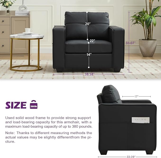 TYBOATLE Oversized Wide Accent Chair with Ottoman, Wide Chaise Lounge Chair Indoor, Mid Century Modern Armchair with Pockets, Leather Comfy Chairs for Bedroom, Living Room, Office (Black)