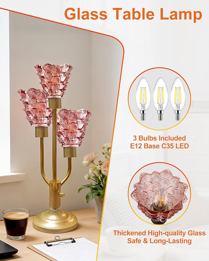 Lightdot Mid Century Modern Table Lamp for Living Room Dimmable Nightstand Lamp Red Glass Vintage Gold Desk Lamp 3 Bulbs Included Warmwhite Ambient Bedside Lamps for Bedroom Home Office Decor Gift