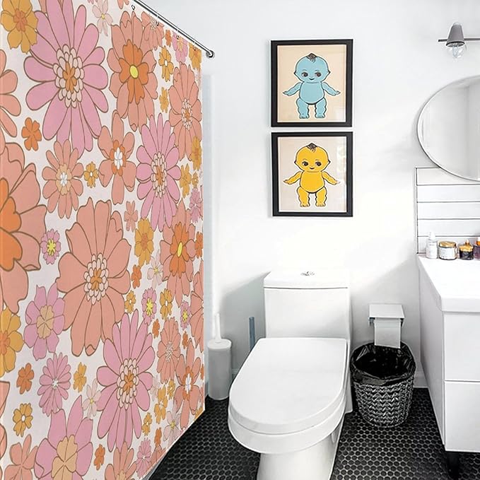 Pink 70s Floral Shower Curtain for Bathroom,Retro Vintage Hippie 70s Daisy Floral Flower Cute Funky Trippy Groovy Boho Waterproof Fabric Shower Curtain Set with Hooks, 72"x84"