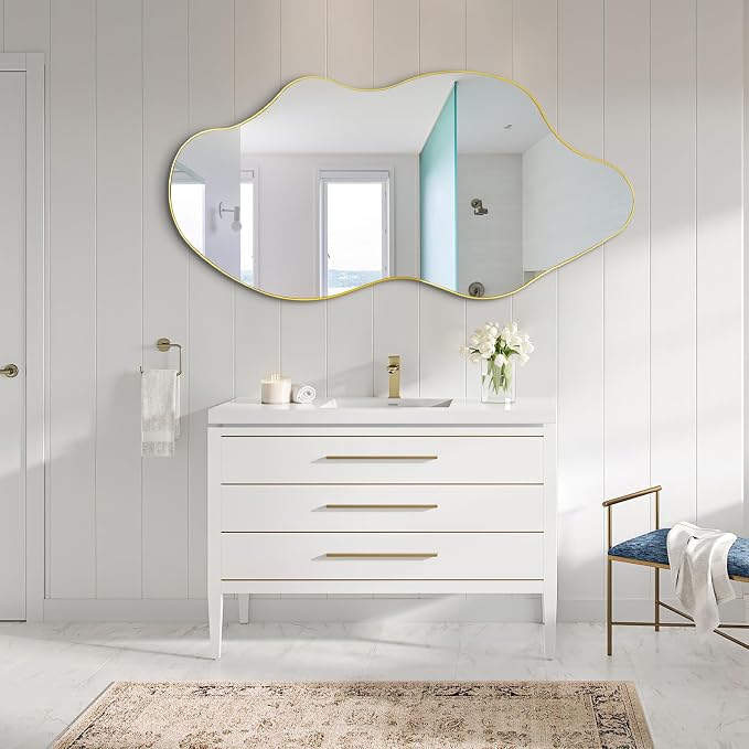 Gold Irregular Mirror, 52"x25.5" Large Asymmetrical Aesthetic Wall Mirror, Modern Abstract Frameless Mirrors for Living Room Bedroom Entryway Hallway, Hangs Vertically or Horizontally