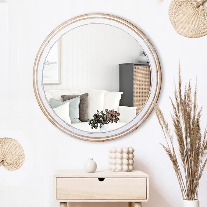 Reflinto 30 Inch Rustic Farmhouse Wooden Round Mirrors for Wall Decor, | Washwhite Decorative Circle Mirror for Bathroom Over Sink, Entryway, Living Room, Foyer
