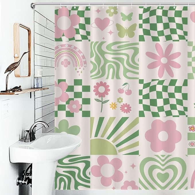 70s Floral Shower Curtain, Vintage Retro Green Hippie Groovy Cute Rainbow Swirl Checkered Aesthetic Boho Funky Trippy Pastel Waterproof Fabric Bath Shower Curtain Set with Hooks, 72"x78" Inch