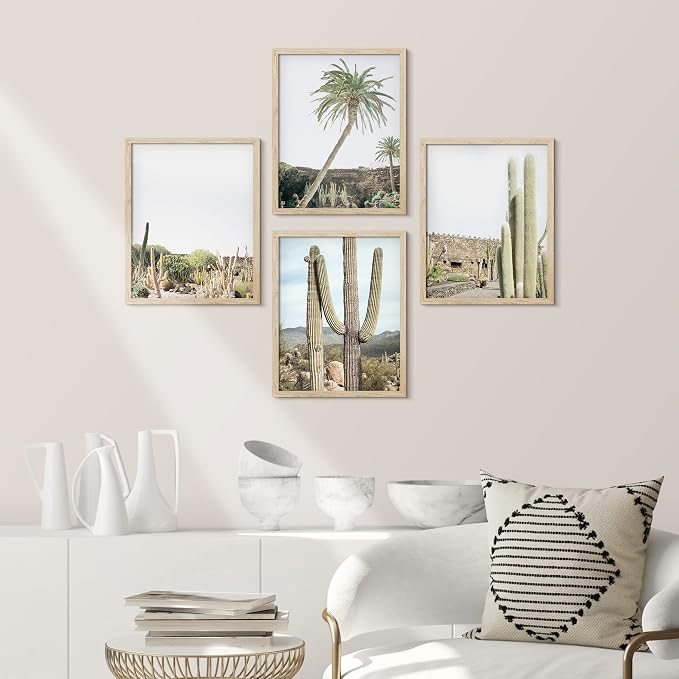 SIGNWIN Framed Tropical Palm Tree Saguaro Cactus Wall Art, Set of 4 Desert Landscape Wall Decor Prints, Nature Wilderness Wall Décor for Living Room, Bedroom - 11"x14"x 4 Natural