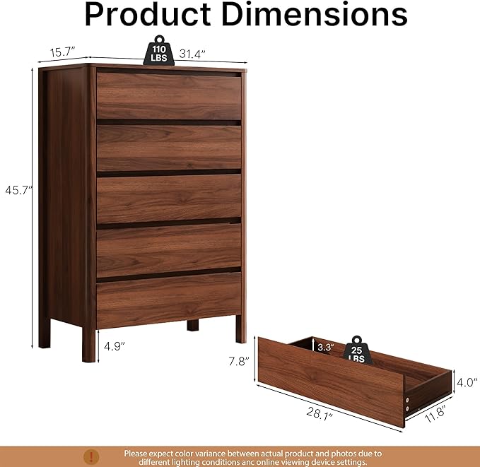 Walnut 5 Drawer Dresser for Bedroom, Modern Tall Dresser with Hidden Handles, Space-Saving Wooden Drawer Organizer, Living Room, or Hallway, Vertical Storage Chest of Drawers, 45.7" H