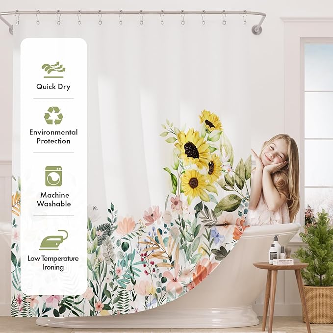 AmazerBath Floral Shower Curtain, Cloth Fall Flower Shower Curtains for Bathroom Decor, Rustic Washable Sunflower Eucalyptus and Leaves Fabric Shower Curtain Sets with 12 Metal Hooks, 72x72 Inches
