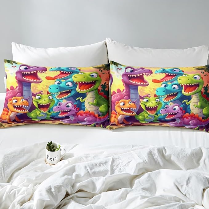 Manfei Watercolor Dinosaur Duvet Cover Set Twin Size,Cute Dino Botanical Plants Bedding Set for Boys Girls,Cartoon Animal Wildlife Comforter Cover,Brown Colorful Quilt Cover,1 Pillowcase(No Filler)