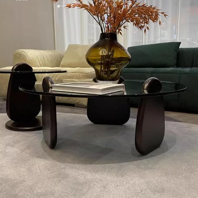 EASYSOUL Modern Round Coffee Table with Glass Top, 27.56" D x 27.56" W x 14.69" H, Circular Tea Tables for Living Room Home Office Industrial Cocktail Tables (Black-Grey Glass/27.56")
