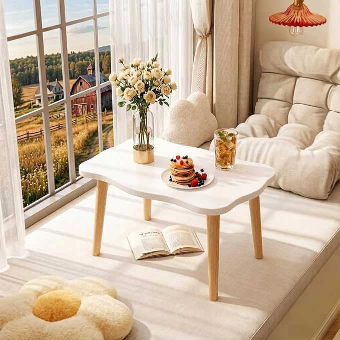 Cookie Coffee Table Low Table with 4 Solid Wood Sturdy Legs,Floor Table Desk for Sitting on The Floor,19.7"D x 31.5"W x 16"H Inches,Living Room/Toy room Furniture,Rental house Furniture(White)