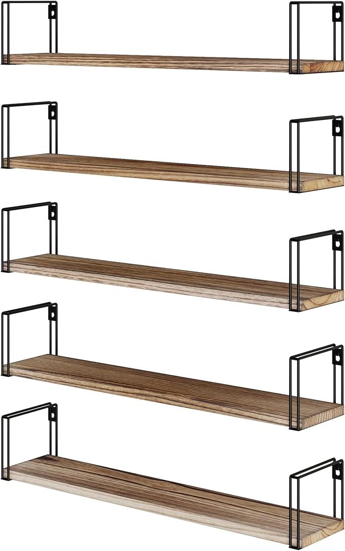 Wallniture Avila 24" Floating Shelves for Wall, Kitchen Organization & Office Shelves, Bookshelf for Living Room Decor, Laundry Room Shelf, Set of 5, Burnt Finish