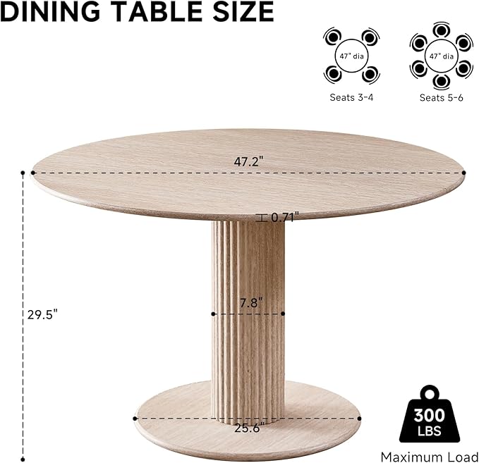 47" Round Dining Table for 4, [Cylinder Pedestal Base] [Stone-Patterned] Modern Circle Dinner Table for Kitchen Dining Living Room, Natual